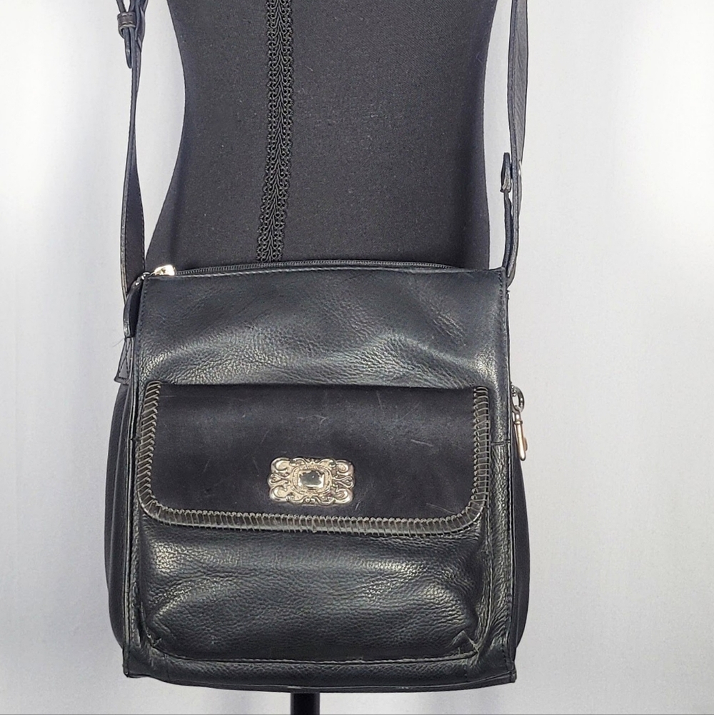 Fossil Black Leather Crossbody Bag Key Charm Organizer Flap Purse Vintage Style